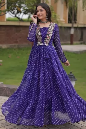 Purple georgette readymade navratri anarkali suit with laheriya & patchwork