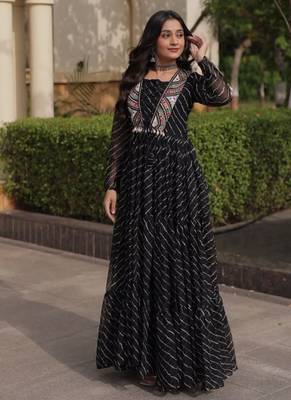 Black georgette readymade navratri anarkali suit with laheriya & patchwork 1