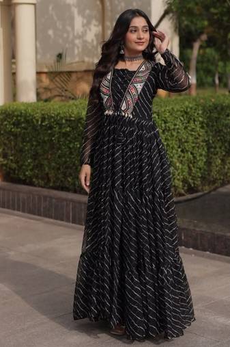 Black georgette readymade navratri anarkali suit with laheriya & patchwork
