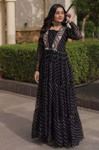 Black georgette readymade navratri anarkali suit with laheriya & patchwork