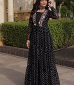 Black georgette readymade navratri anarkali suit with laheriya & patchwork