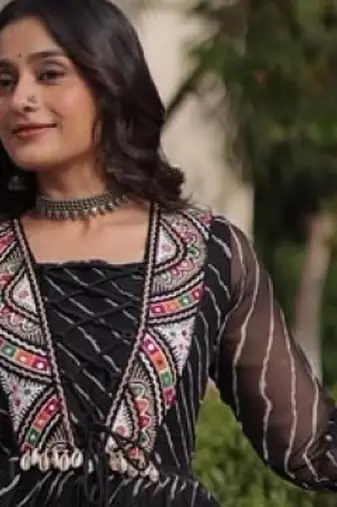 Black georgette readymade navratri anarkali suit with laheriya & patchwork