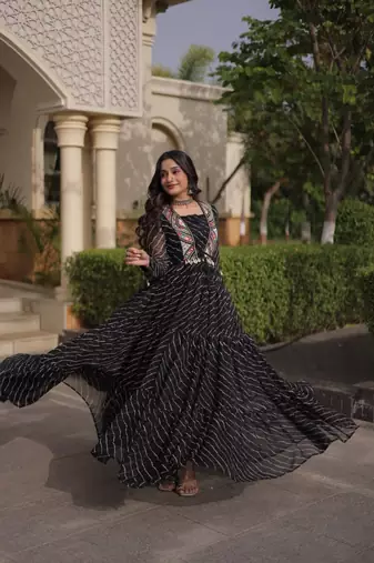 Black georgette readymade navratri anarkali suit with laheriya & patchwork
