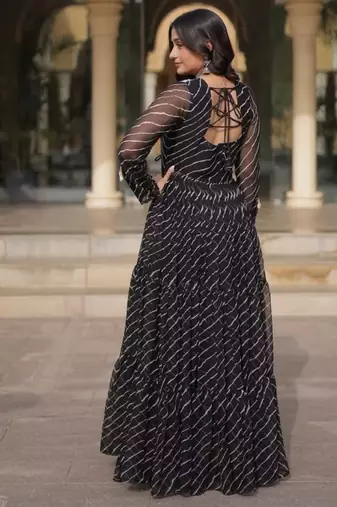 Black georgette readymade navratri anarkali suit with laheriya & patchwork