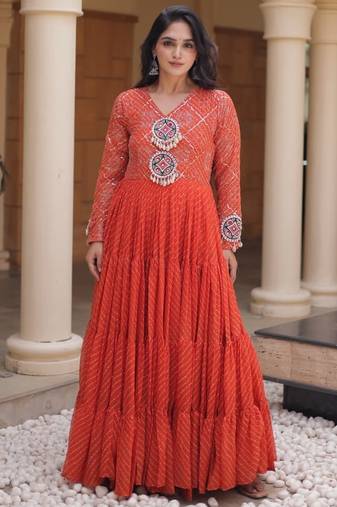 Orange georgette readymade navratri anarkali suit with laheriya & patchwork