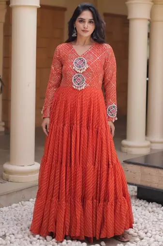 Orange georgette readymade navratri anarkali suit with laheriya & patchwork