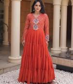 Orange georgette readymade navratri anarkali suit with laheriya & patchwork