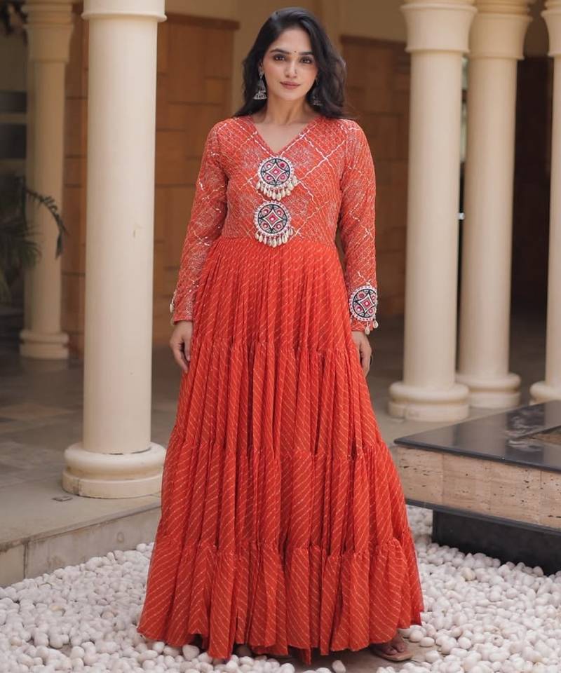 Orange georgette readymade navratri anarkali suit with laheriya & patchwork