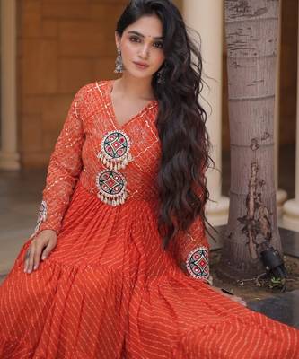 Orange georgette readymade navratri anarkali suit with laheriya & patchwork 2