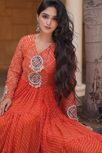 Orange georgette readymade navratri anarkali suit with laheriya & patchwork