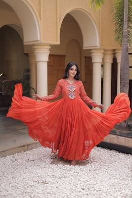 Orange georgette readymade navratri anarkali suit with laheriya & patchwork 3