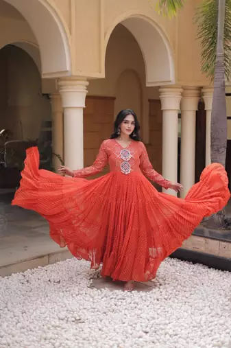 Orange georgette readymade navratri anarkali suit with laheriya & patchwork