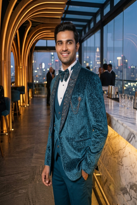 Teal green hand embroidered 5 pctuxedo suit 2