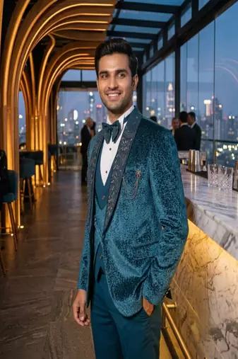 Teal green hand embroidered 5 pctuxedo suit