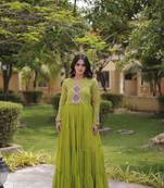 Lime georgette readymade navratri anarkali suit with laheriya & patchwork