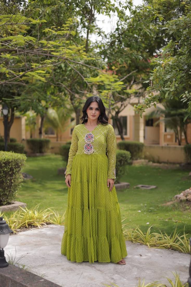 Lime georgette readymade navratri anarkali suit with laheriya & patchwork