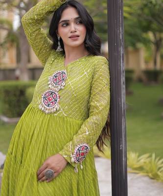 Lime georgette readymade navratri anarkali suit with laheriya & patchwork 2