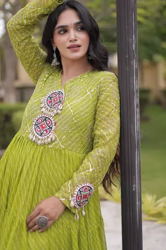 Lime georgette readymade navratri anarkali suit with laheriya & patchwork