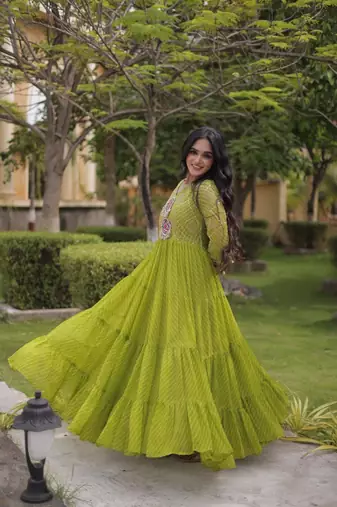 Lime georgette readymade navratri anarkali suit with laheriya & patchwork