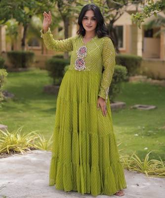 Lime georgette readymade navratri anarkali suit with laheriya & patchwork 4