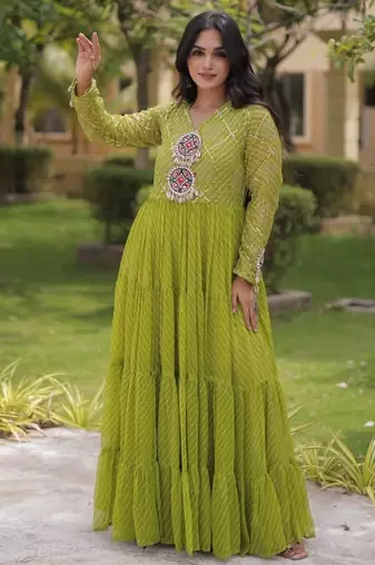 Lime georgette readymade navratri anarkali suit with laheriya & patchwork