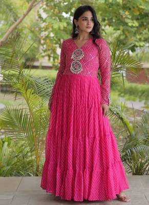 Pink georgette readymade navratri anarkali suit with laheriya & patchwork 1