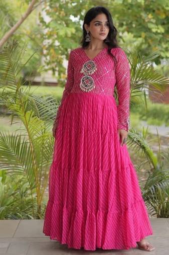 Pink georgette readymade navratri anarkali suit with laheriya & patchwork