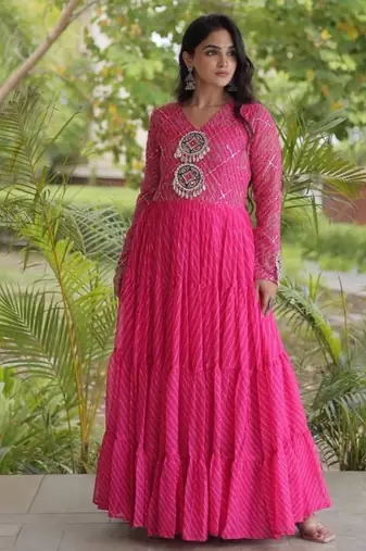 Pink georgette readymade navratri anarkali suit with laheriya & patchwork