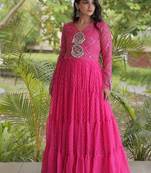 Pink georgette readymade navratri anarkali suit with laheriya & patchwork
