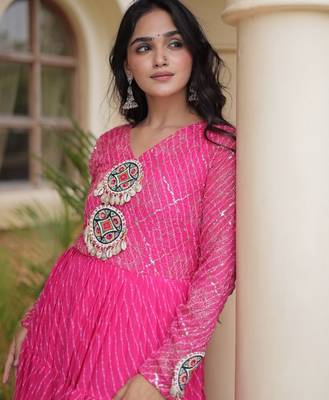 Pink georgette readymade navratri anarkali suit with laheriya & patchwork 2