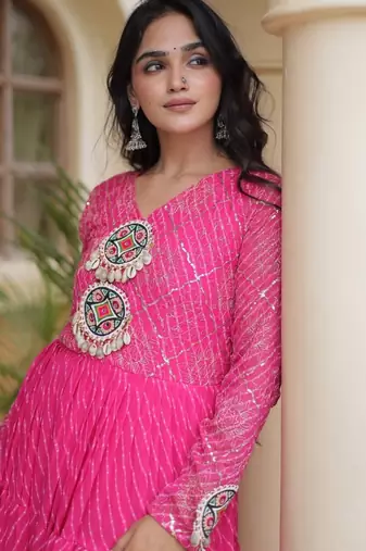 Pink georgette readymade navratri anarkali suit with laheriya & patchwork