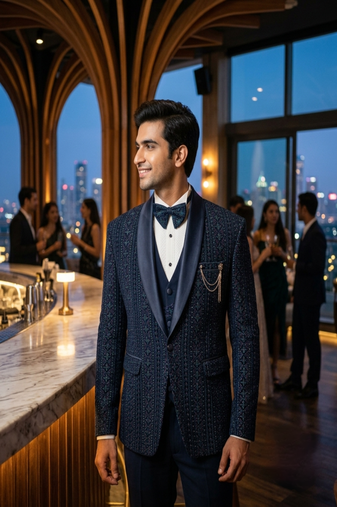 Teal blue thread and sequins embroidered tuxedo suit