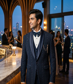 Teal blue thread and sequins embroidered tuxedo suit
