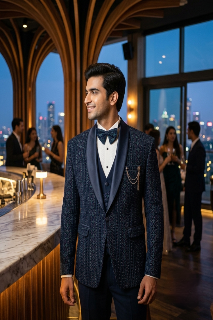 Teal blue thread and sequins embroidered tuxedo suit