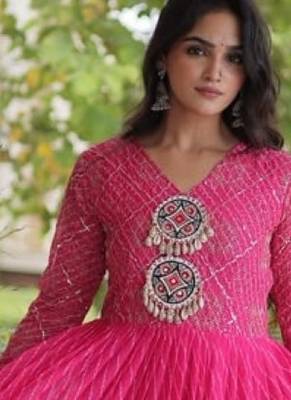 Pink georgette readymade navratri anarkali suit with laheriya & patchwork 3