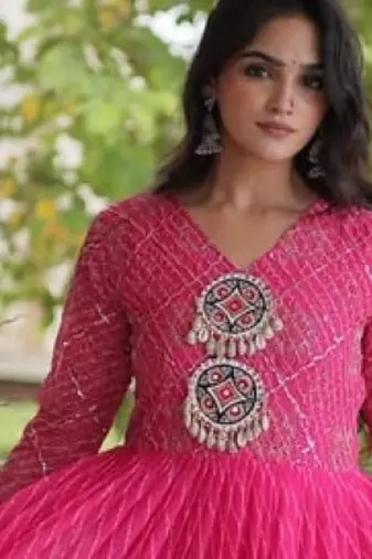 Pink georgette readymade navratri anarkali suit with laheriya & patchwork