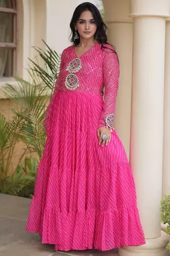 Pink georgette readymade navratri anarkali suit with laheriya & patchwork