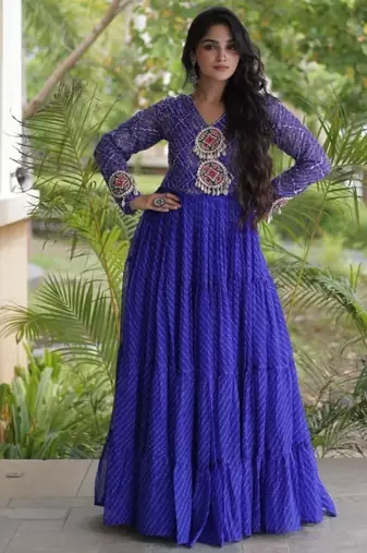 Blue georgette readymade navratri anarkali suit with laheriya & patchwork