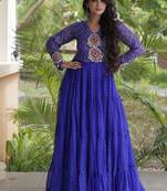 Blue georgette readymade navratri anarkali suit with laheriya & patchwork