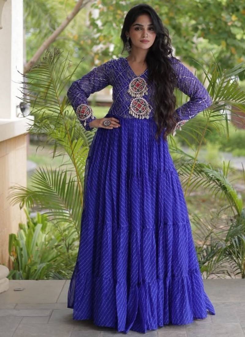Blue georgette readymade navratri anarkali suit with laheriya & patchwork
