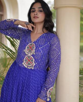 Blue georgette readymade navratri anarkali suit with laheriya & patchwork 2