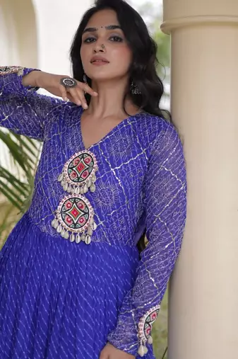 Blue georgette readymade navratri anarkali suit with laheriya & patchwork