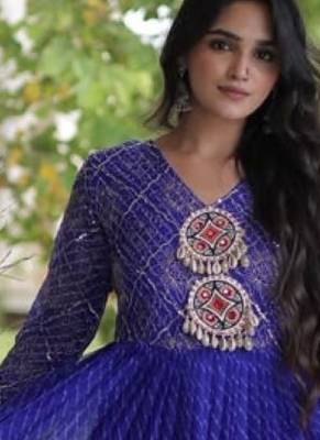 Blue georgette readymade navratri anarkali suit with laheriya & patchwork 3