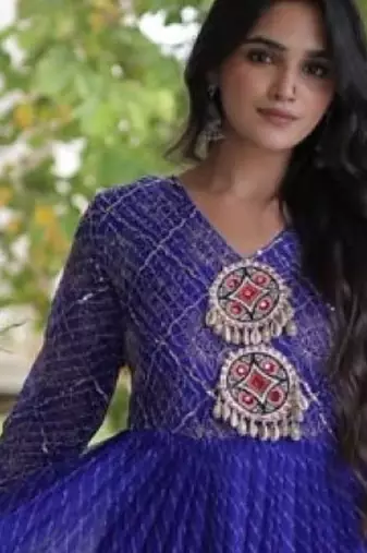 Blue georgette readymade navratri anarkali suit with laheriya & patchwork