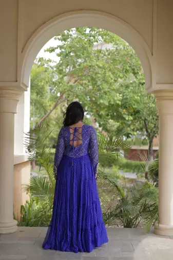 Blue georgette readymade navratri anarkali suit with laheriya & patchwork