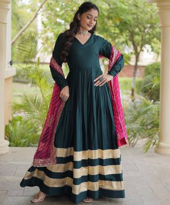 D green rayon readymade navratri anarkali suit with embroidery & gotapatti work 1