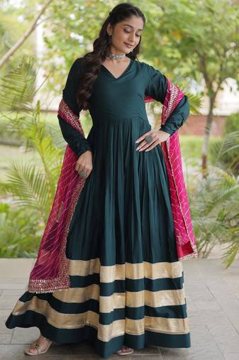 D green rayon readymade navratri anarkali suit with embroidery & gotapatti work