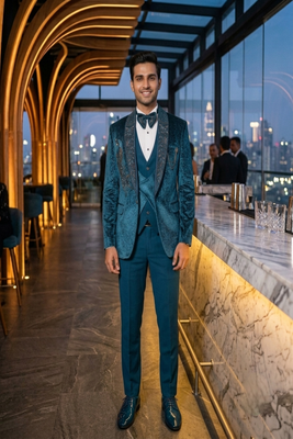 Teal green hand embroidered 5 pctuxedo suit 3