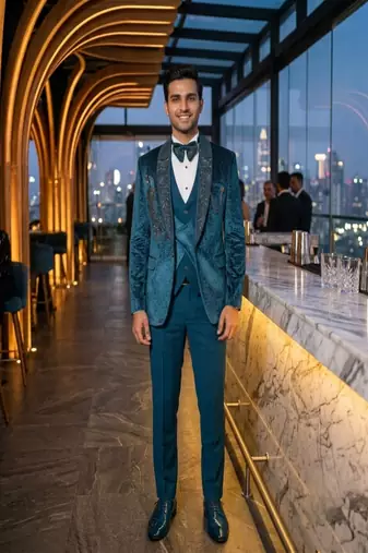 Teal green hand embroidered 5 pctuxedo suit