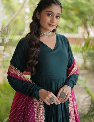 D green rayon readymade navratri anarkali suit with embroidery & gotapatti work 2